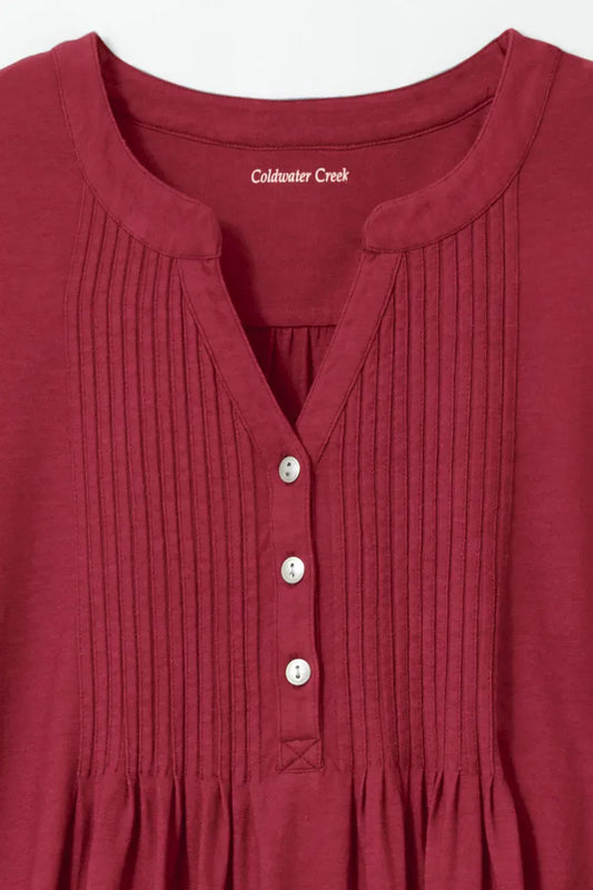 Pintucked Knit Henley A-line Tunic